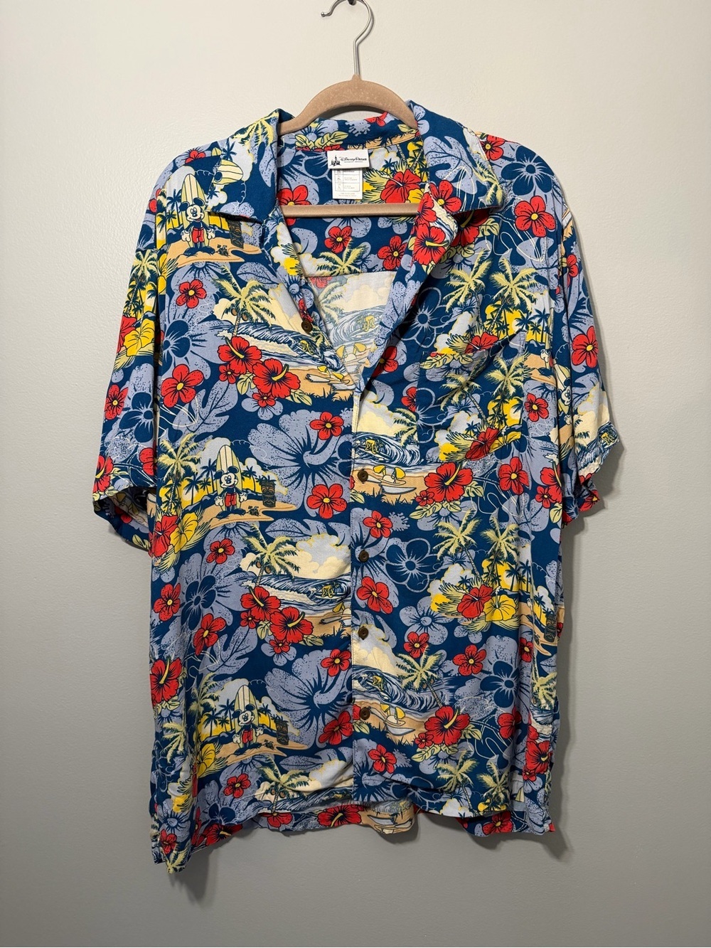 Disney Blue Hawaiian Shirt with Red & Yellow Floral Print